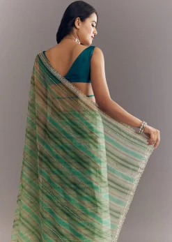Green Shaded Tissue Saree With Cutwork Scallop Border