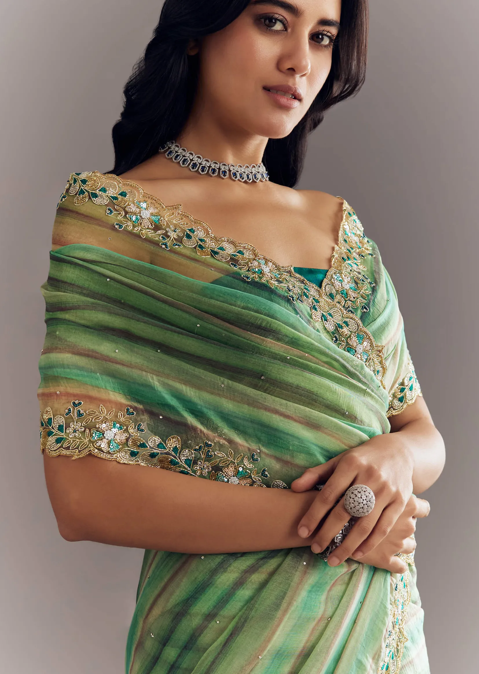 Green Shaded Tissue Saree With Cutdana Sequins And Beads Embroidery And Scallop Border