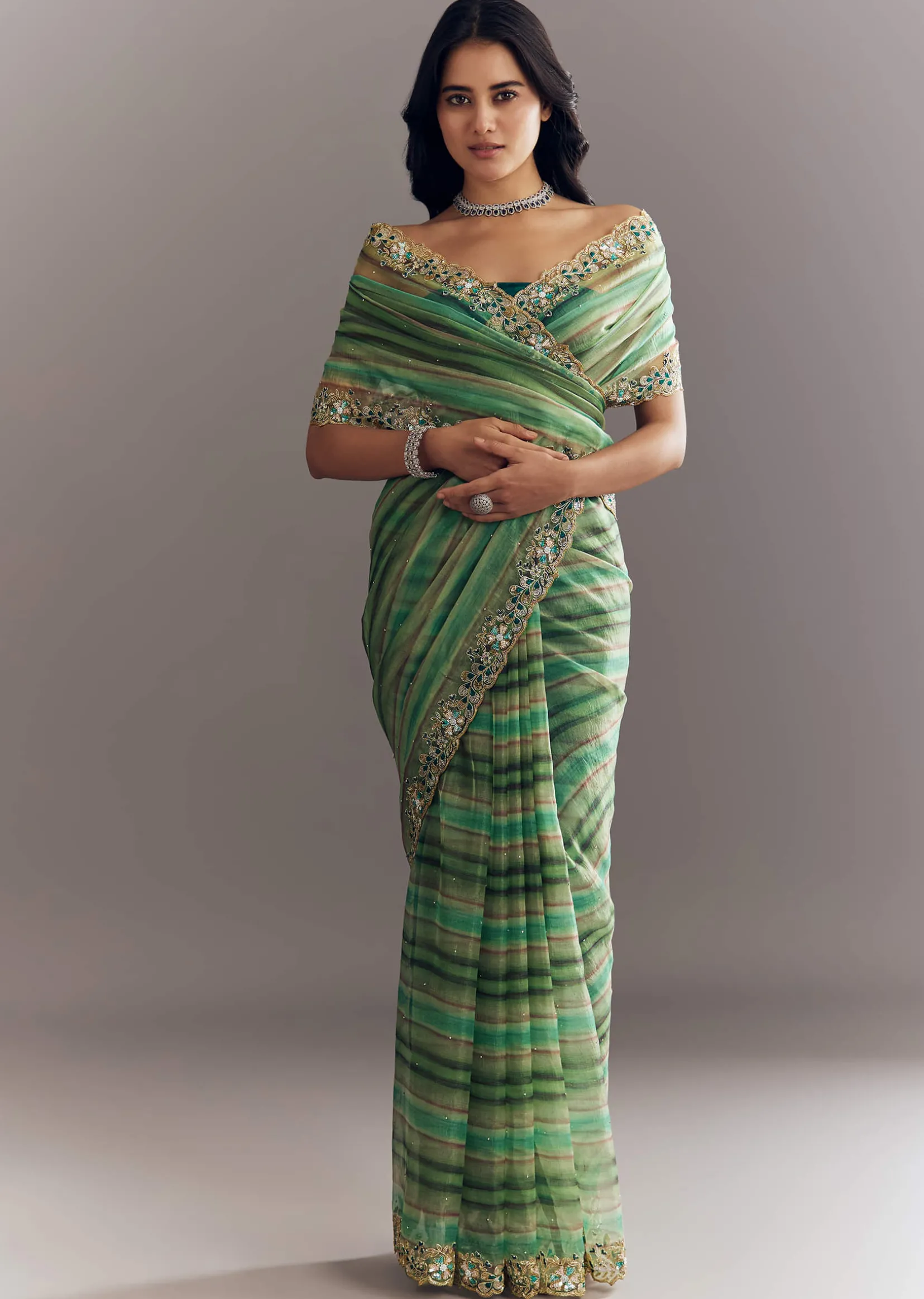 Green Shaded Tissue Saree With Cutdana Sequins And Beads Embroidery And Scallop Border