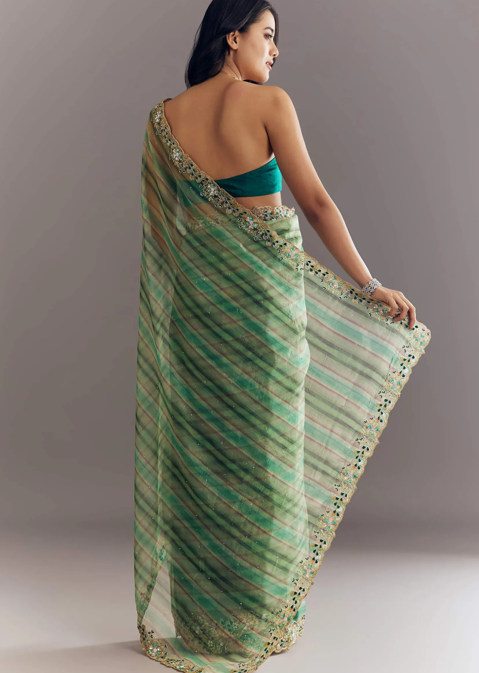 Green Shaded Tissue Saree With Cutdana Sequins And Beads Embroidery And Scallop Border