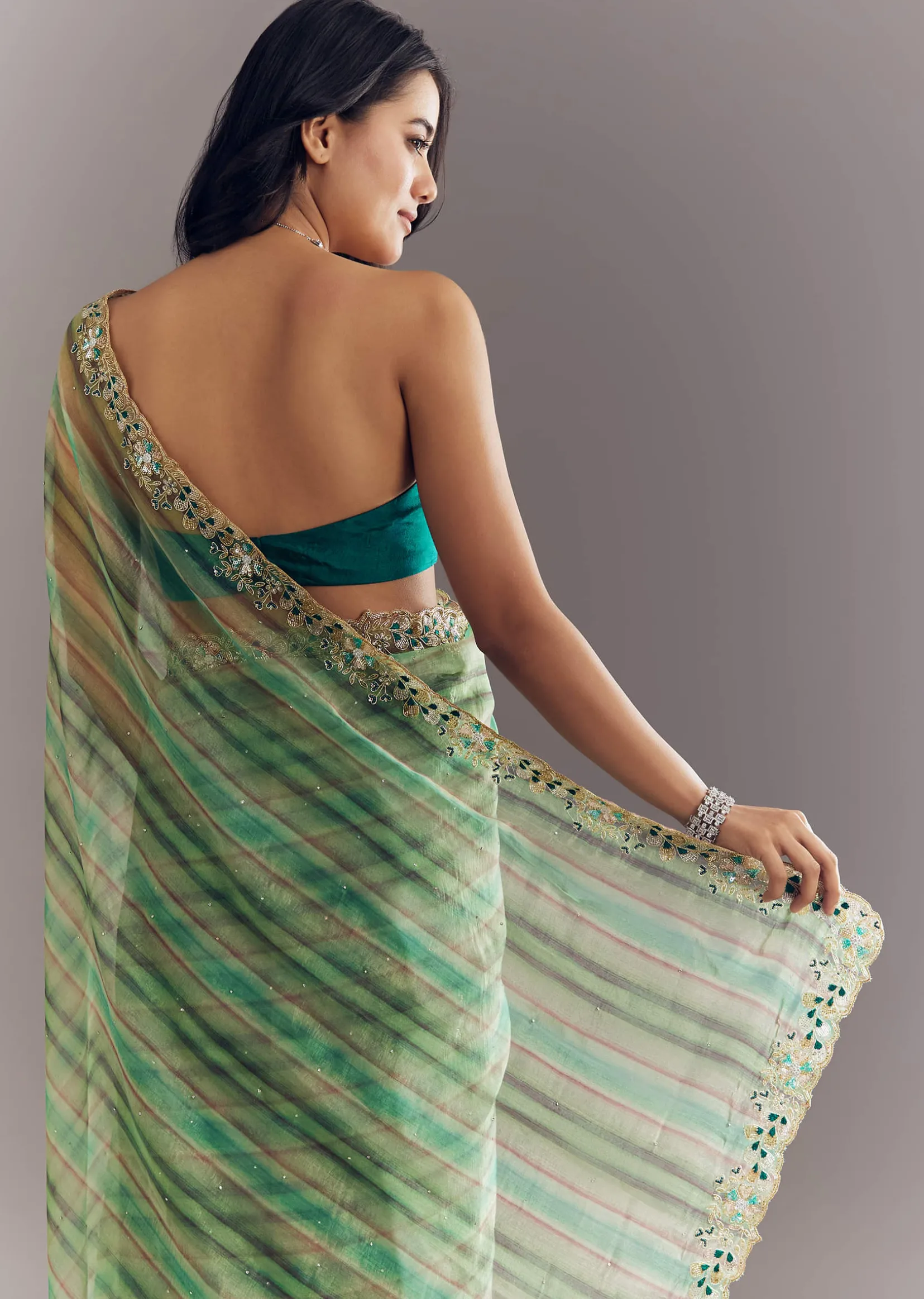 Green Shaded Tissue Saree With Cutdana Sequins And Beads Embroidery And Scallop Border