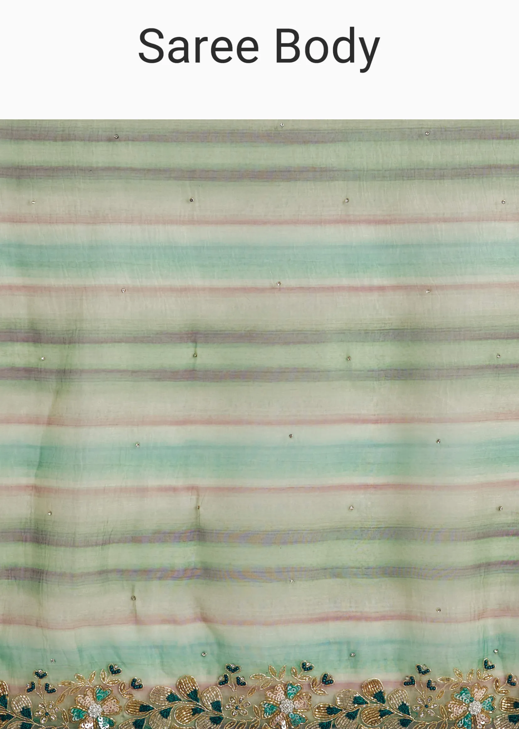 Green Shaded Tissue Saree With Cutdana Sequins And Beads Embroidery And Scallop Border
