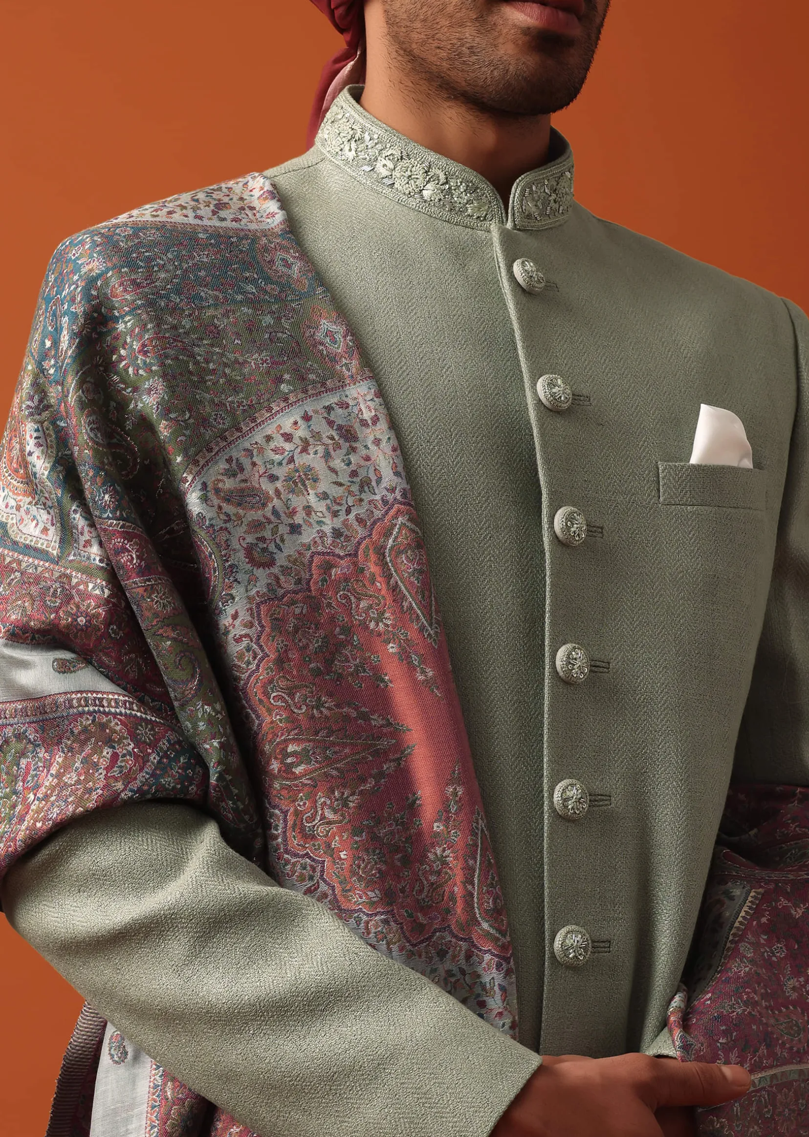 Green Sherwani Set Featuring Exquisite Neckline Embroidery With A Pashmina Dupatta