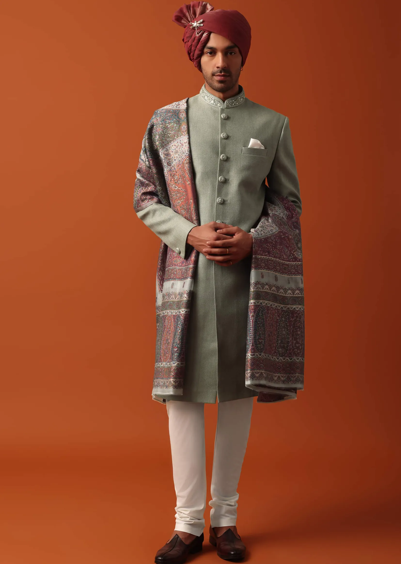 Green Sherwani Set Featuring Exquisite Neckline Embroidery With A Pashmina Dupatta