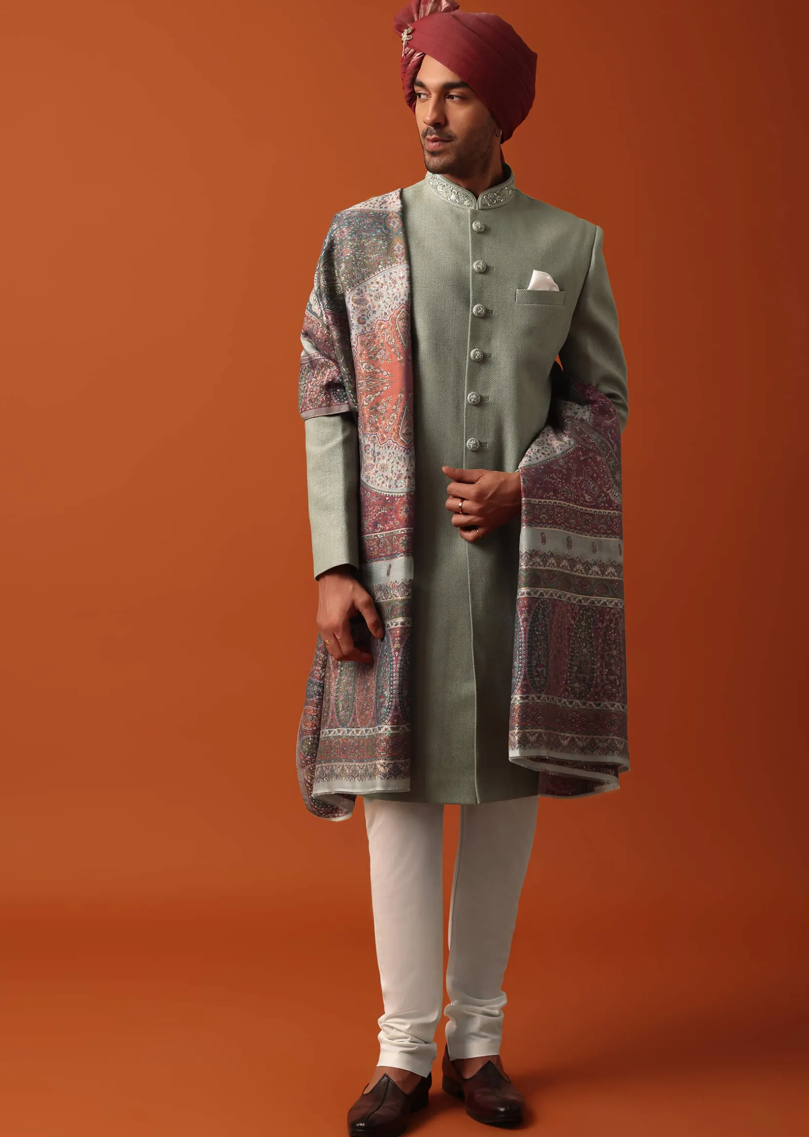 Green Sherwani Set Featuring Exquisite Neckline Embroidery With A Pashmina Dupatta