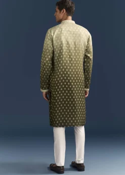 Green Silk Foil Kurta Set For Men With Sequins Embroidery