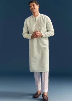 Green Silk Kurta Set For Men With Thread And Mirror Embroidery