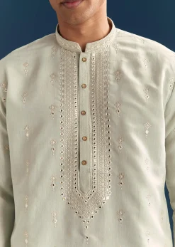 Green Silk Kurta Set For Men With Thread And Mirror Embroidery