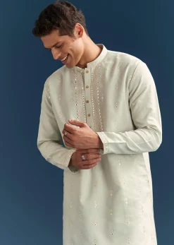 Green Silk Kurta Set For Men With Thread And Mirror Embroidery