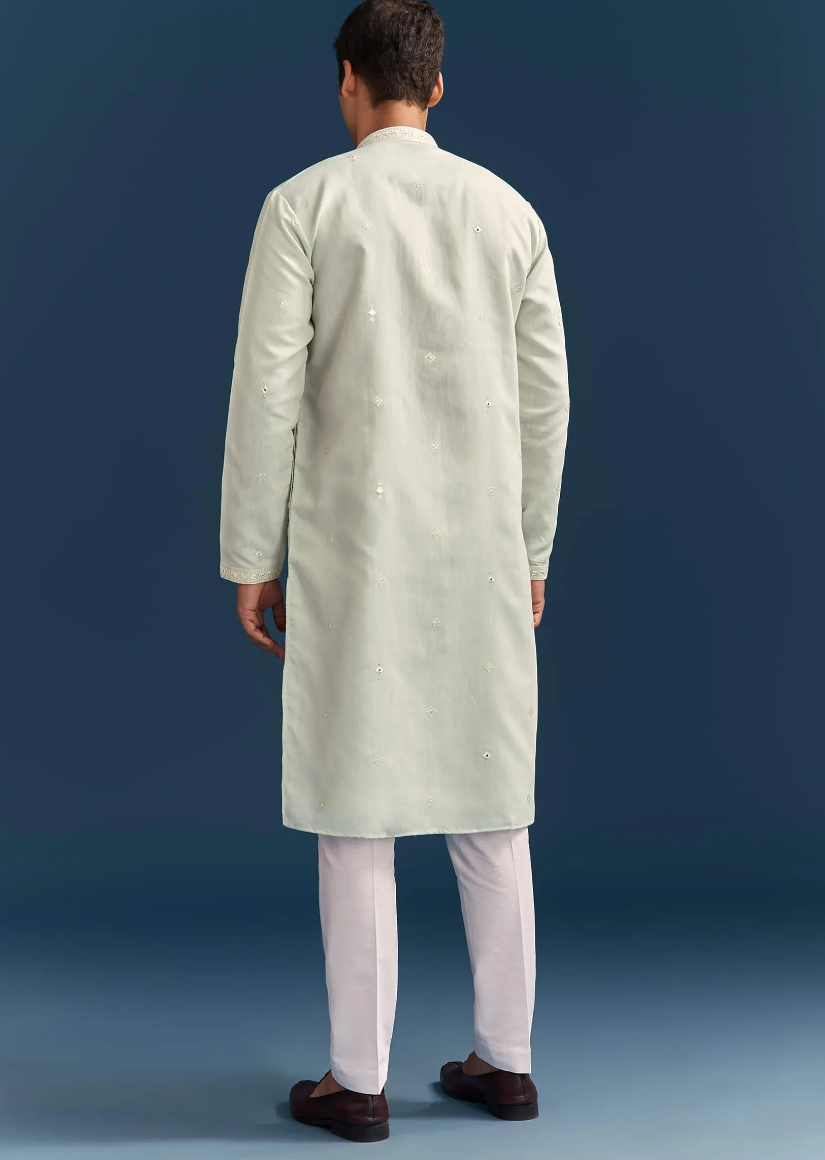 Green Silk Kurta Set For Men With Thread And Mirror Embroidery