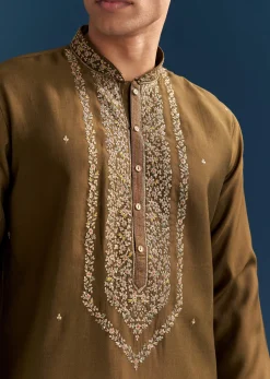 Green Silk Kurta Set For Men With Thread And Resham Work