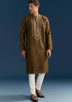 Green Silk Kurta Set For Men With Thread And Resham Work
