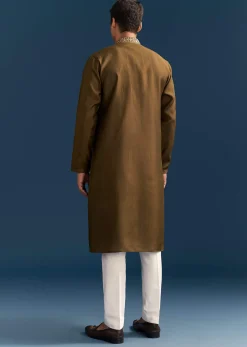 Green Silk Kurta Set For Men With Thread And Resham Work
