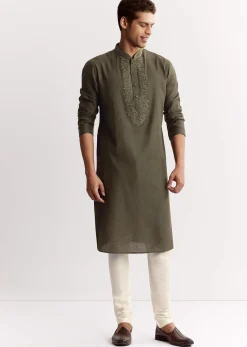 Green Silk Kurta Set With Resham And Embroidery