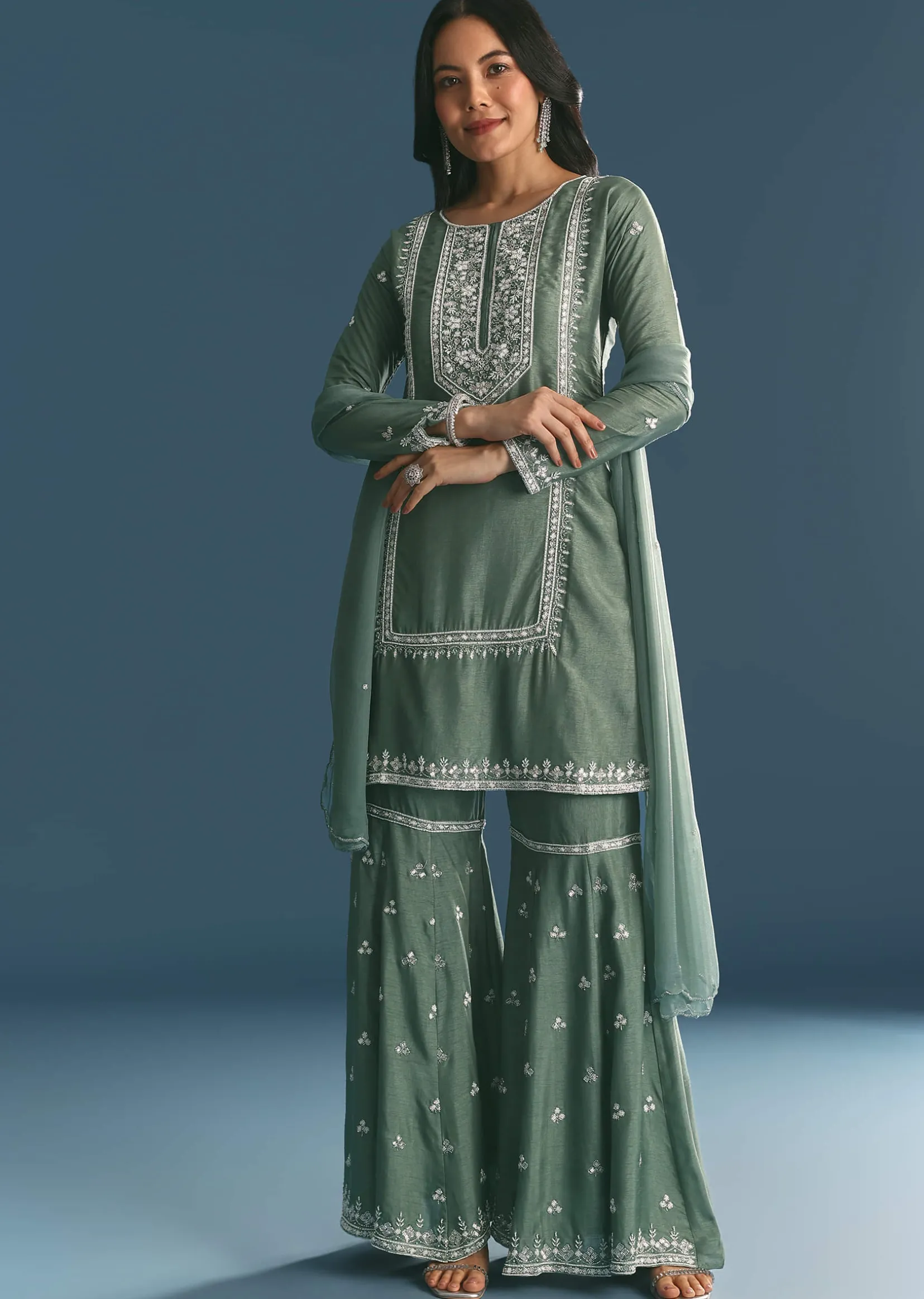 Green Silk Kurta Set With Moti And Cutdana Sharara