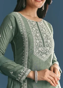 Green Silk Kurta Set With Moti And Cutdana Sharara