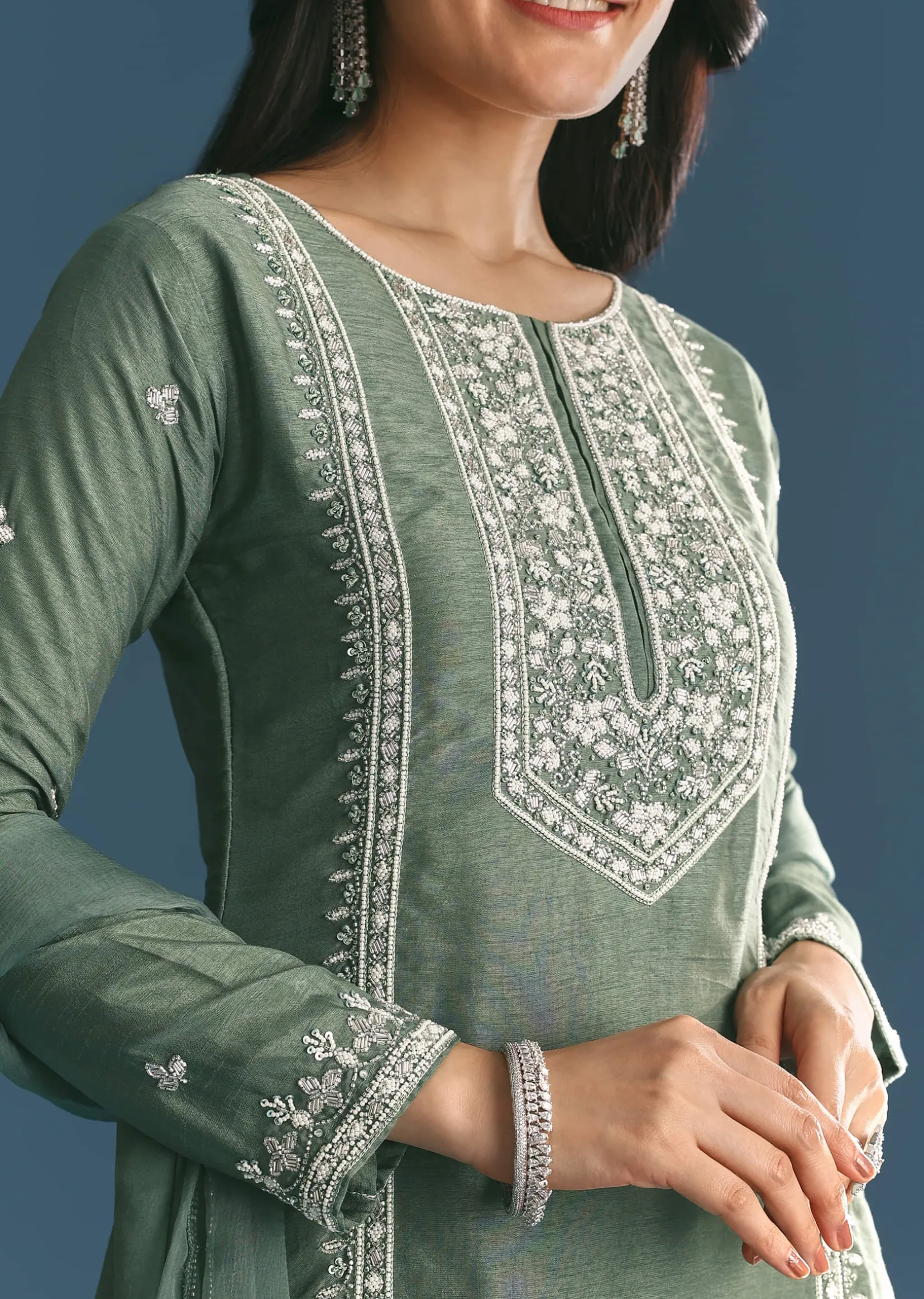 Green Silk Kurta Set With Moti And Cutdana Sharara