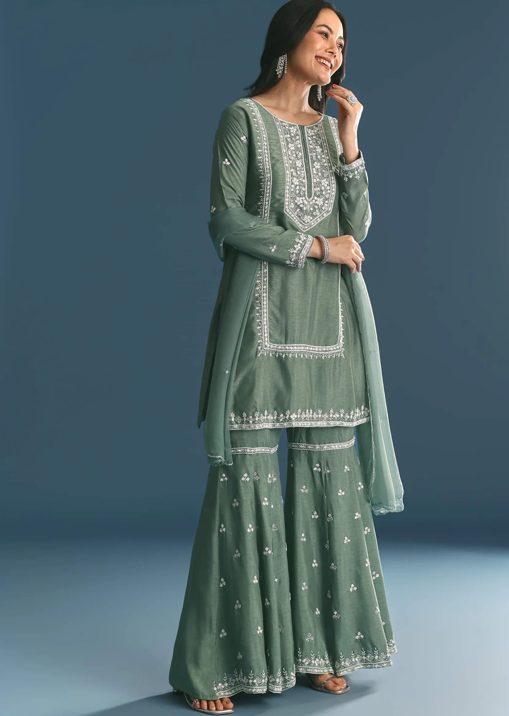 Green Silk Kurta Set With Moti And Cutdana Sharara