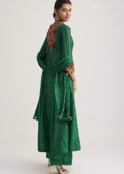 Green Silk Kurta Set With Resham Embroidery And Textured Dupatta