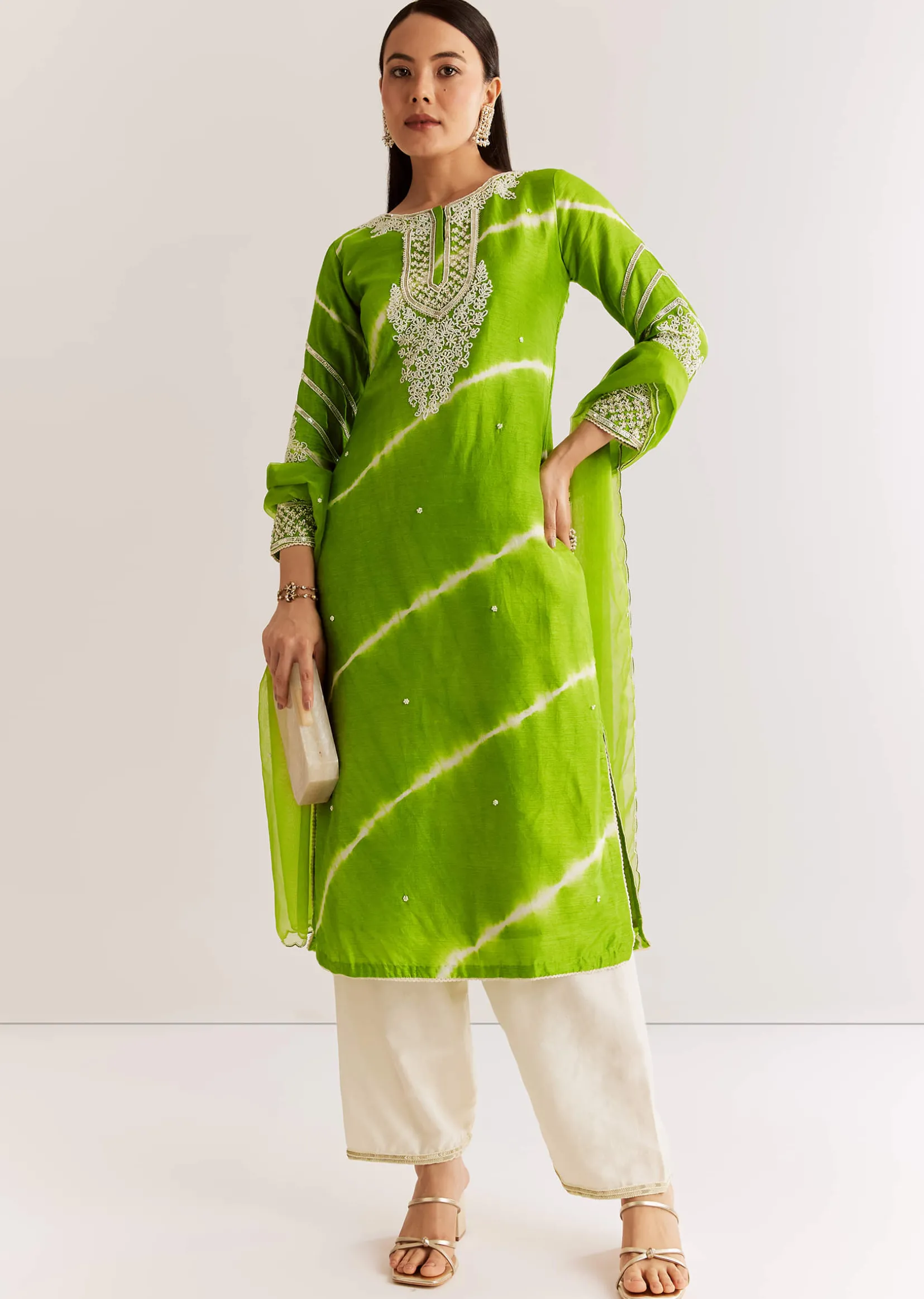 Green Silk Leheriya Kurta Set With Moti Work
