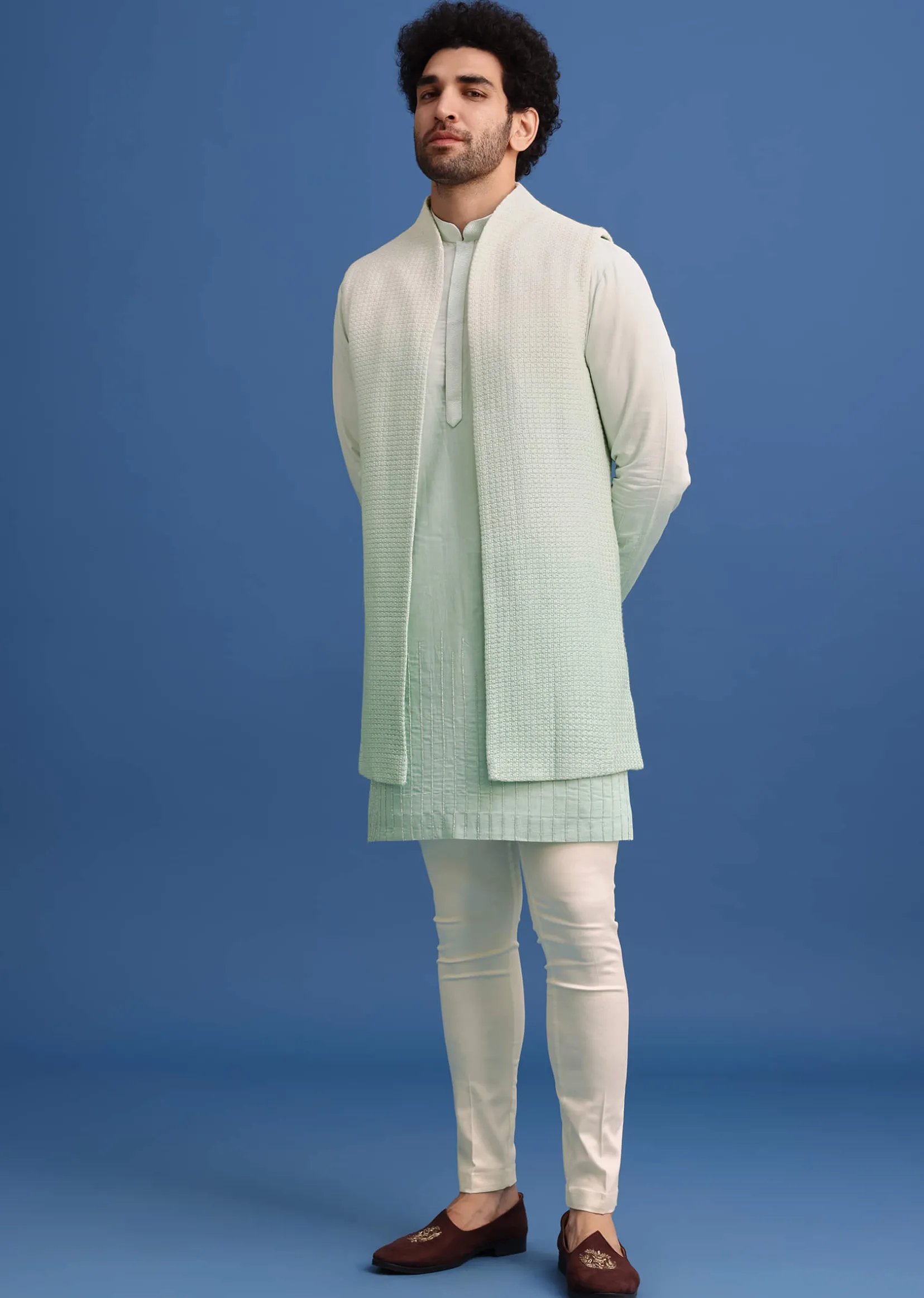 Green Silk Ombre Zardosi Kurta Jacket Set