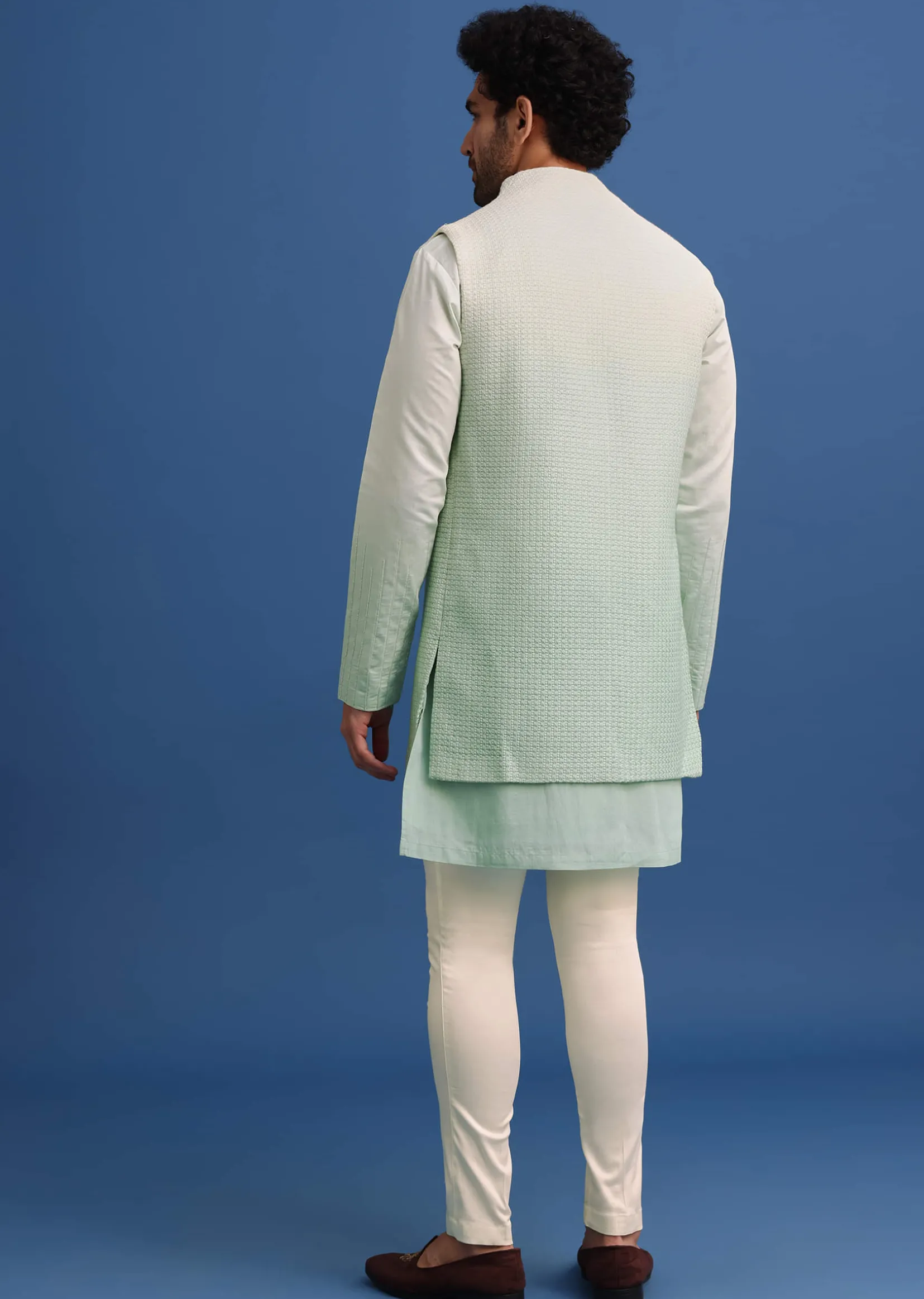 Green Silk Ombre Zardosi Kurta Jacket Set