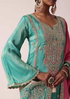 Green Silk Pant Set With Zari Embroidered Kurta