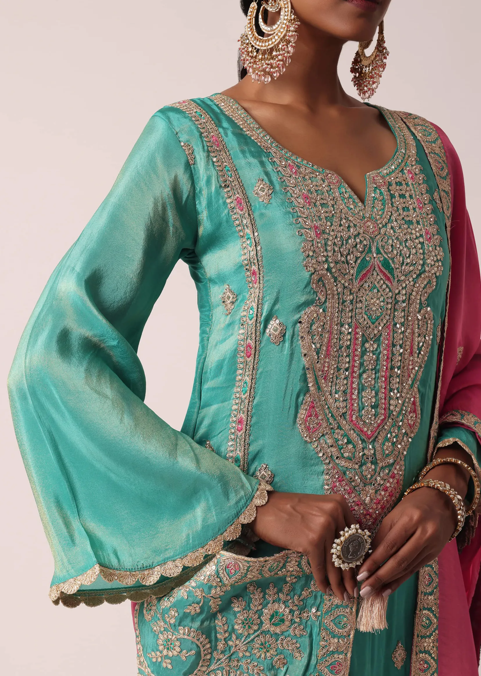 Green Silk Pant Set With Zari Embroidered Kurta