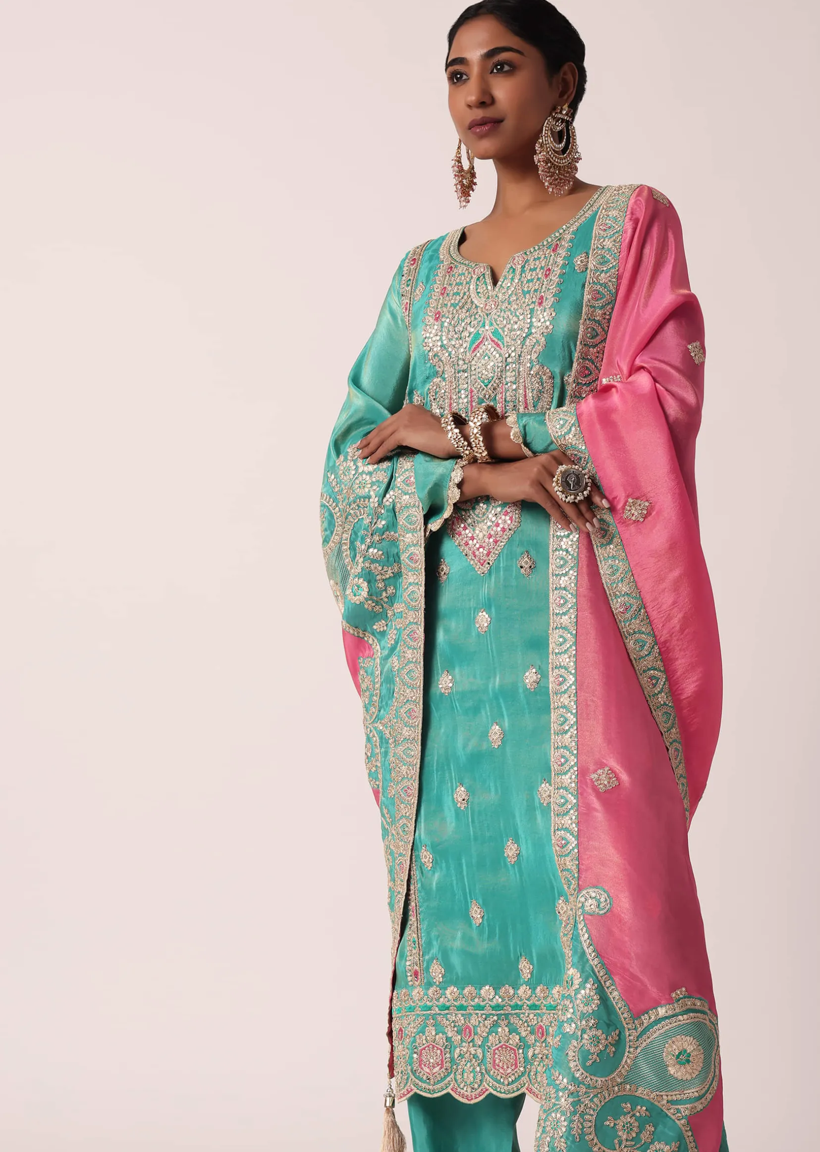Green Silk Pant Set With Zari Embroidered Kurta