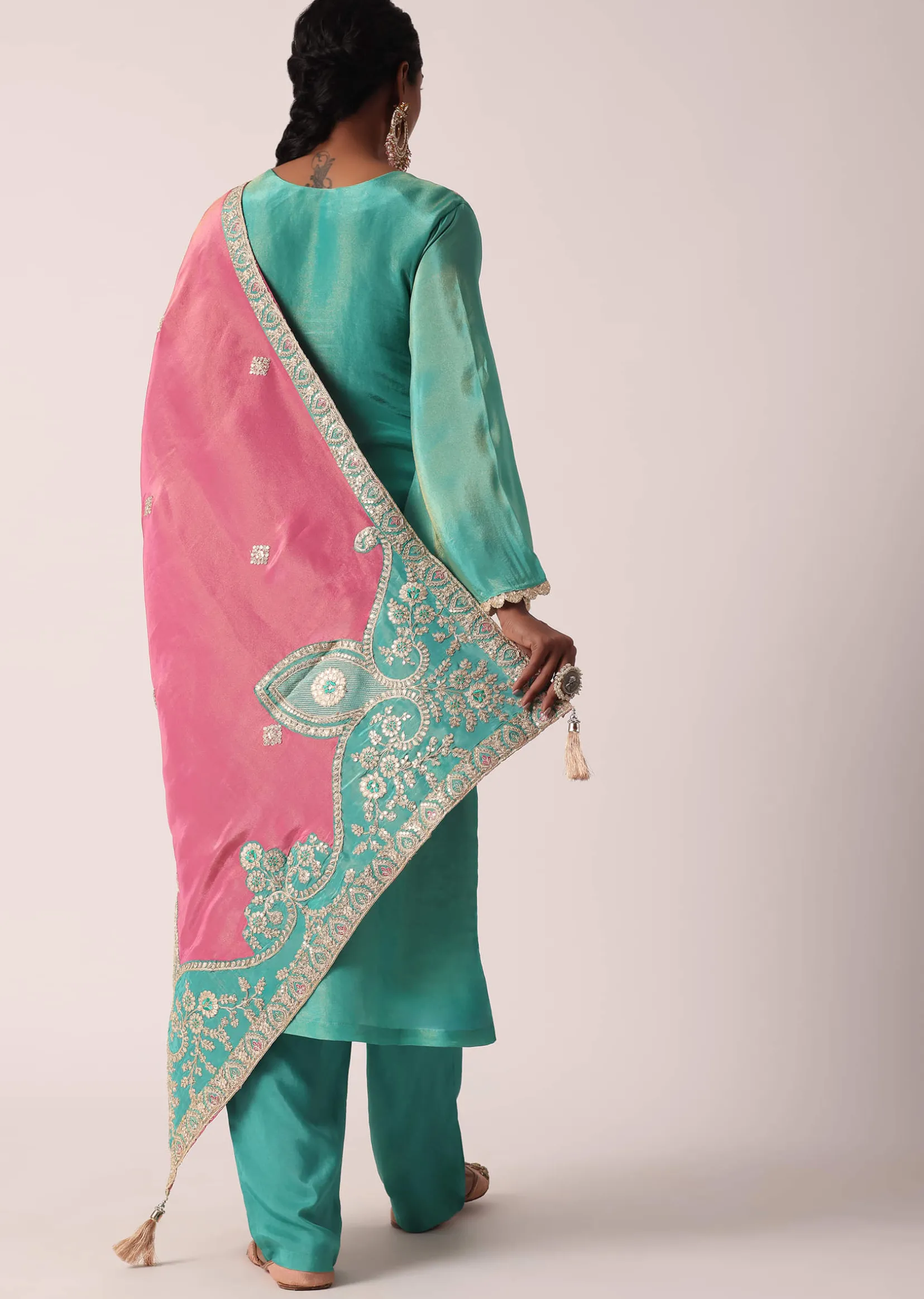 Green Silk Pant Set With Zari Embroidered Kurta