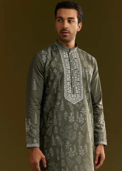 Green Silk Printed Kurta Set With Floral Vine Motif