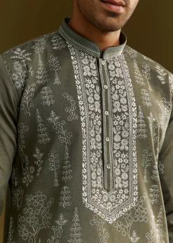 Green Silk Printed Kurta Set With Floral Vine Motif