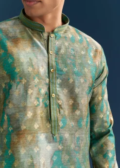 Green Silk Printed Kurta Set For Men With Foil Butti Embroidery