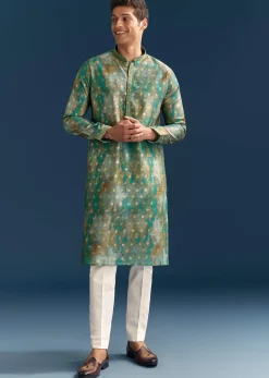 Green Silk Printed Kurta Set For Men With Foil Butti Embroidery