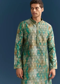 Green Silk Printed Kurta Set For Men With Foil Butti Embroidery