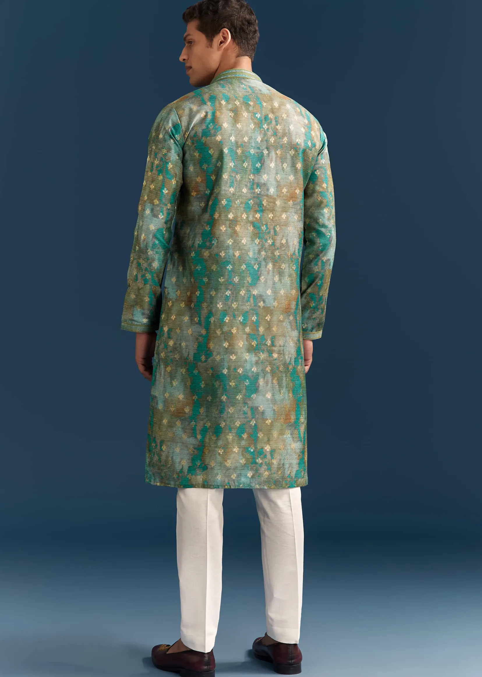 Green Silk Printed Kurta Set For Men With Foil Butti Embroidery