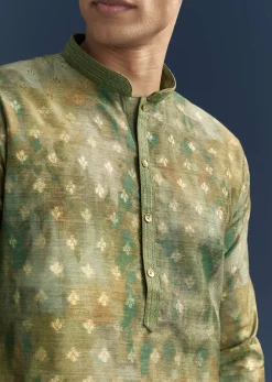Green Silk Printed Kurta Set For Men With Foil Butti Work