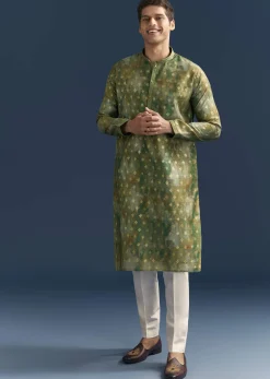 Green Silk Printed Kurta Set For Men With Foil Butti Work