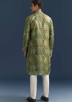Green Silk Printed Kurta Set For Men With Foil Butti Work