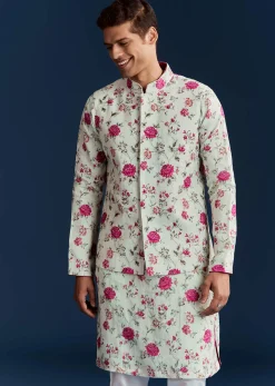 Green Silk Printed Kurta With Floral Sequins And Stone Work