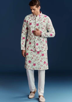Green Silk Printed Kurta With Floral Sequins And Stone Work