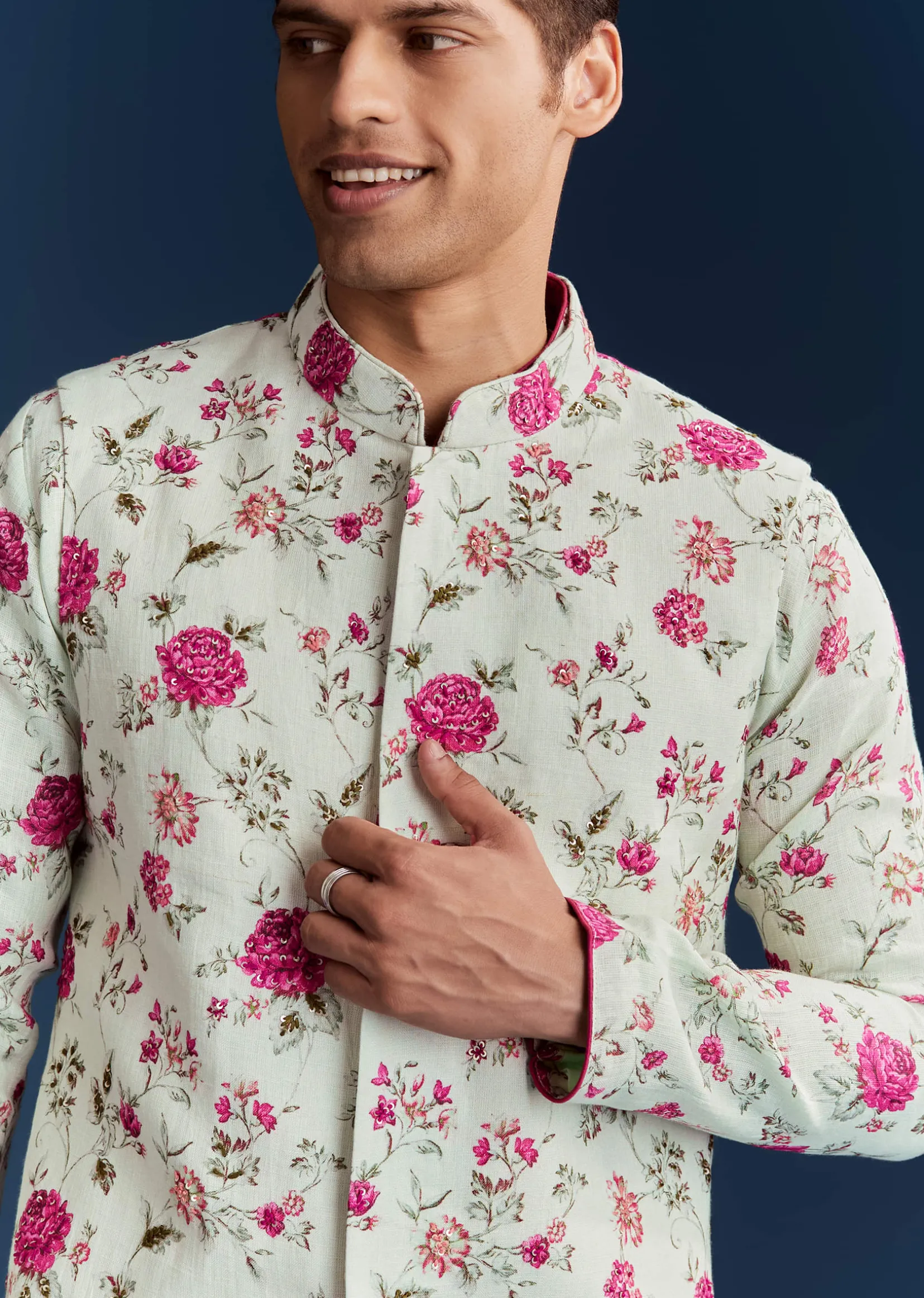 Green Silk Printed Kurta With Floral Sequins And Stone Work