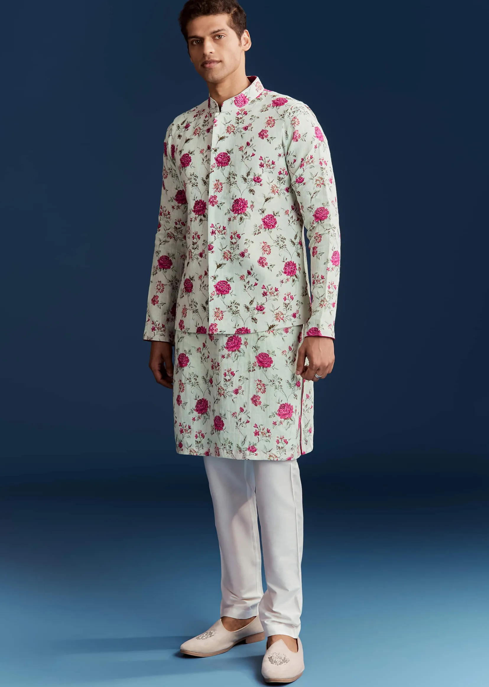 Green Silk Printed Kurta With Floral Sequins And Stone Work