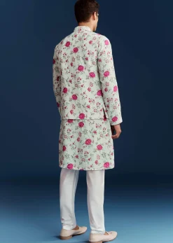 Green Silk Printed Kurta With Floral Sequins And Stone Work