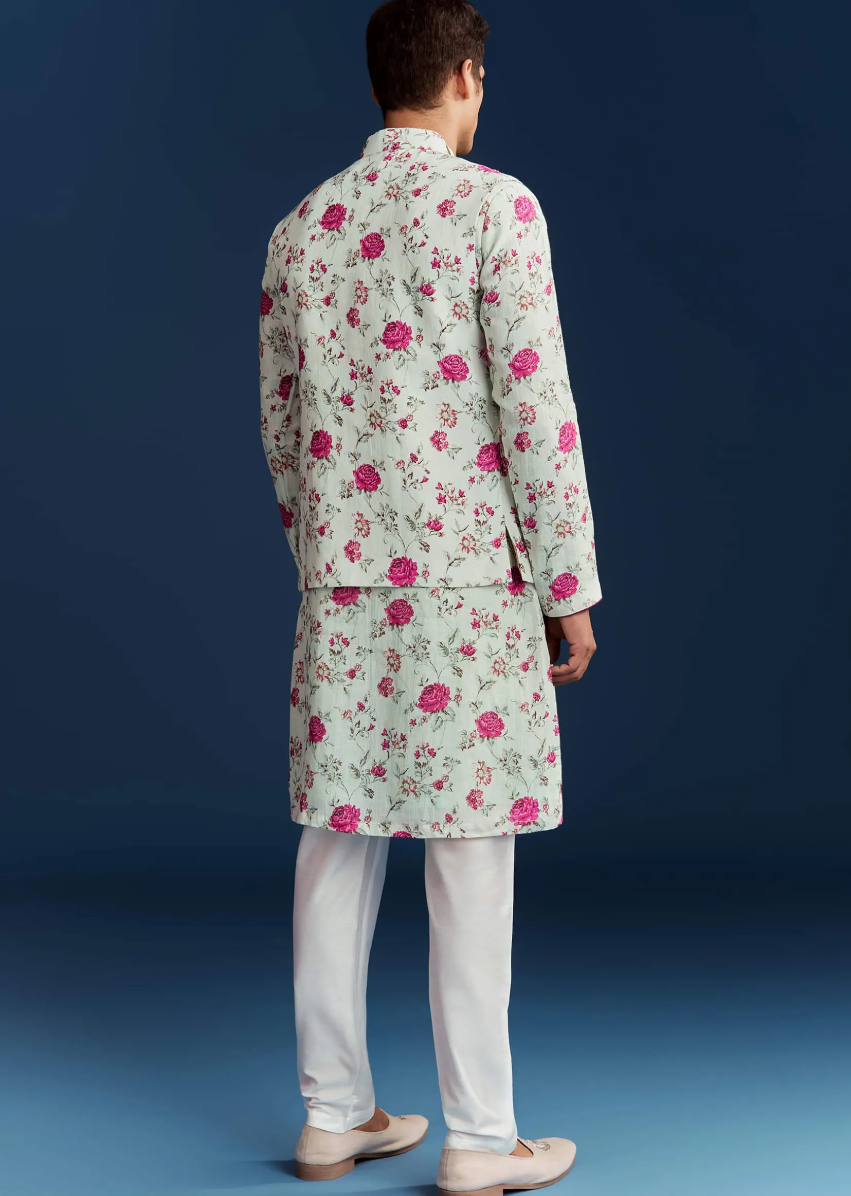 Green Silk Printed Kurta With Floral Sequins And Stone Work