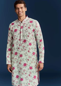 Green Silk Printed Kurta With Floral Sequins And Stone Work