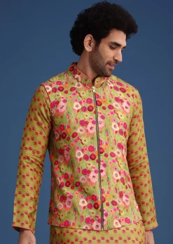 Green Silk Surreal Printed Kurta Jacket Set