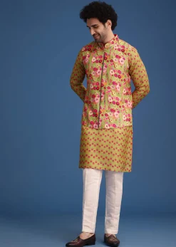 Green Silk Surreal Printed Kurta Jacket Set