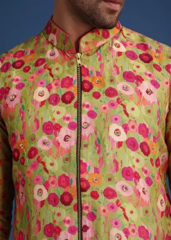 Green Silk Surreal Printed Kurta Jacket Set