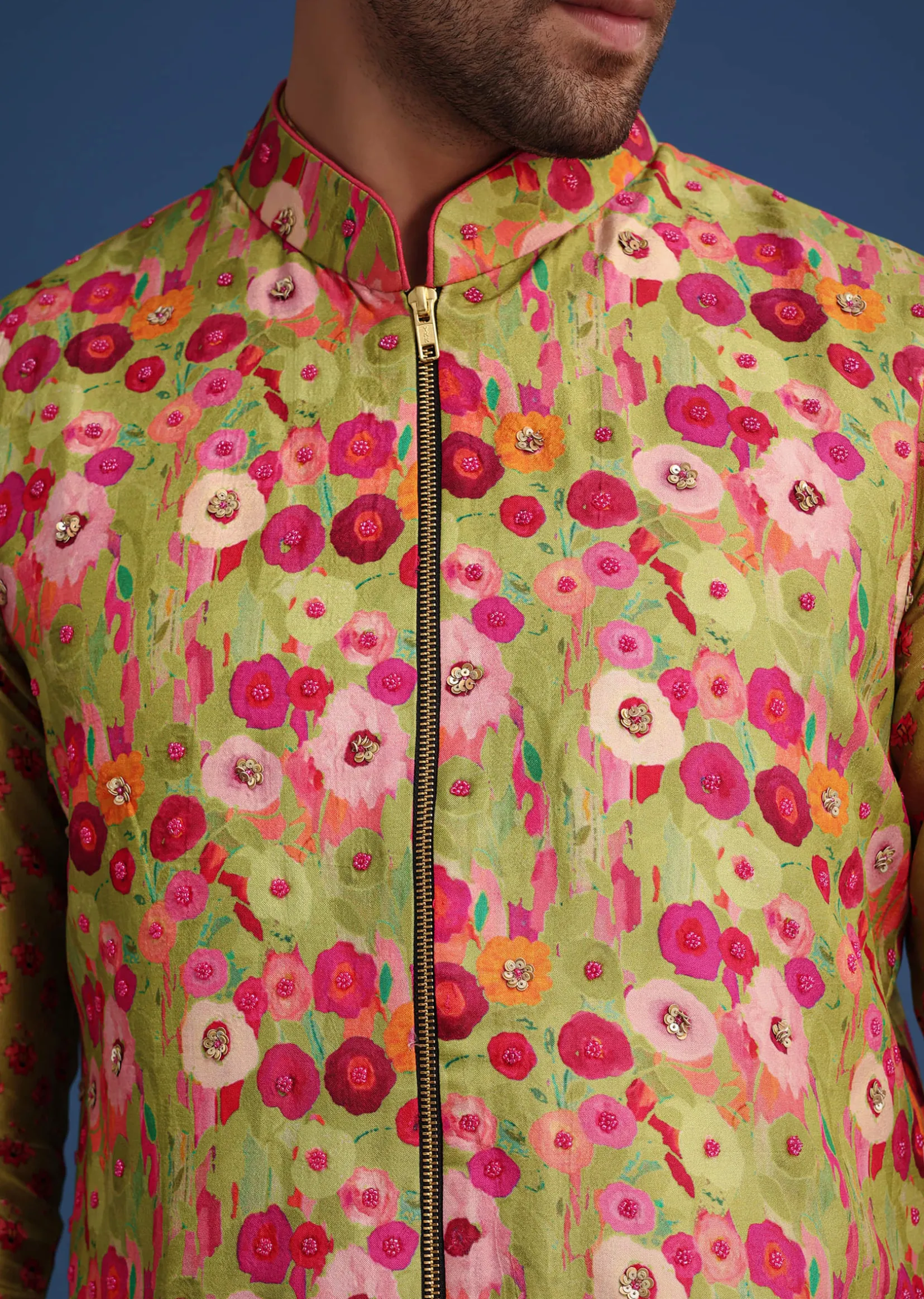 Green Silk Surreal Printed Kurta Jacket Set